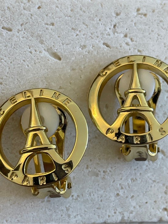 Celine Jewelry - Celine Gold-tone Eiffel Tower Clip-On Earrings with Cream Accents